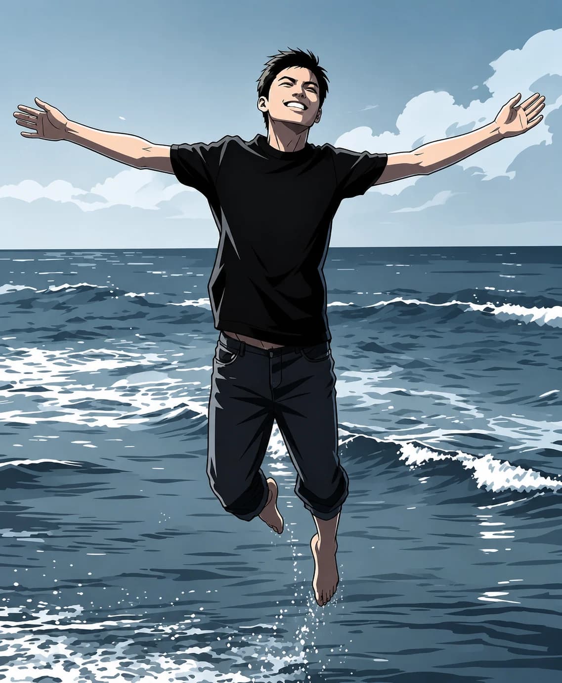 Stylized illustration of Jack L jumping beside the sea with his arms outstretched