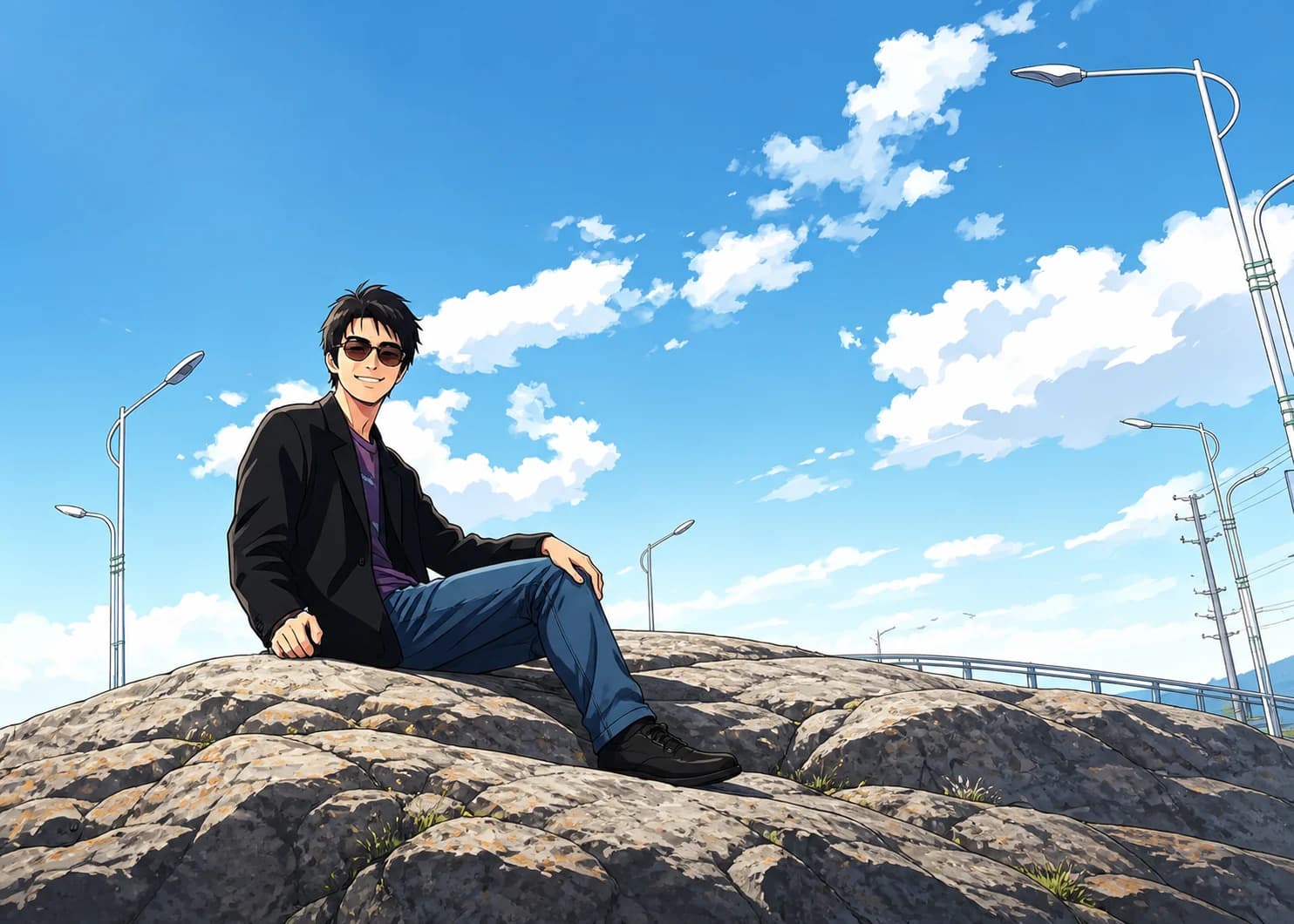Stylized illustration of Mike T sitting on a landscape rock beneath a blue sky