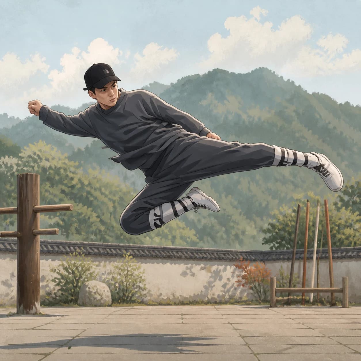 Stylized illustration of Yan performing a martial arts side kick in an outdoor training courtyard