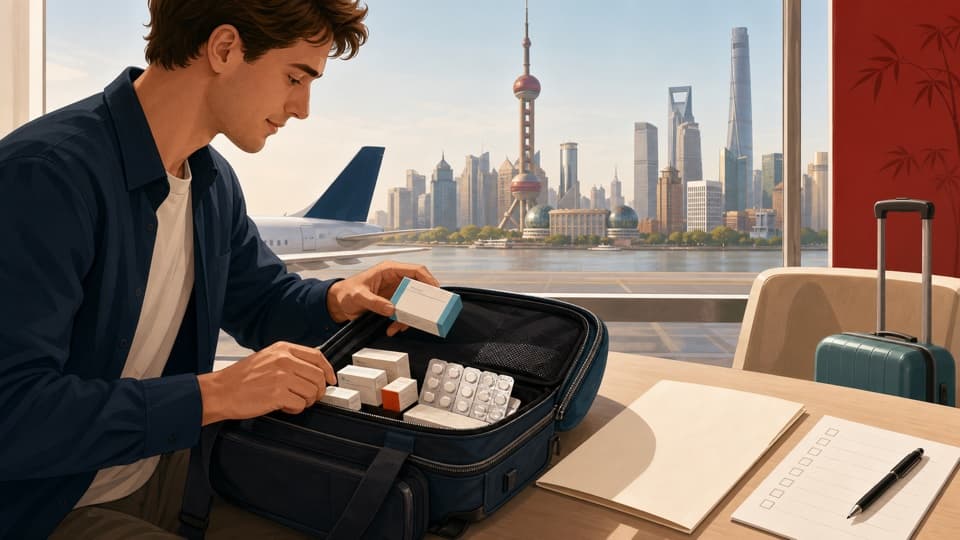 An editorial illustration of a traveler packing an unbranded personal medicine supply for a flight to China