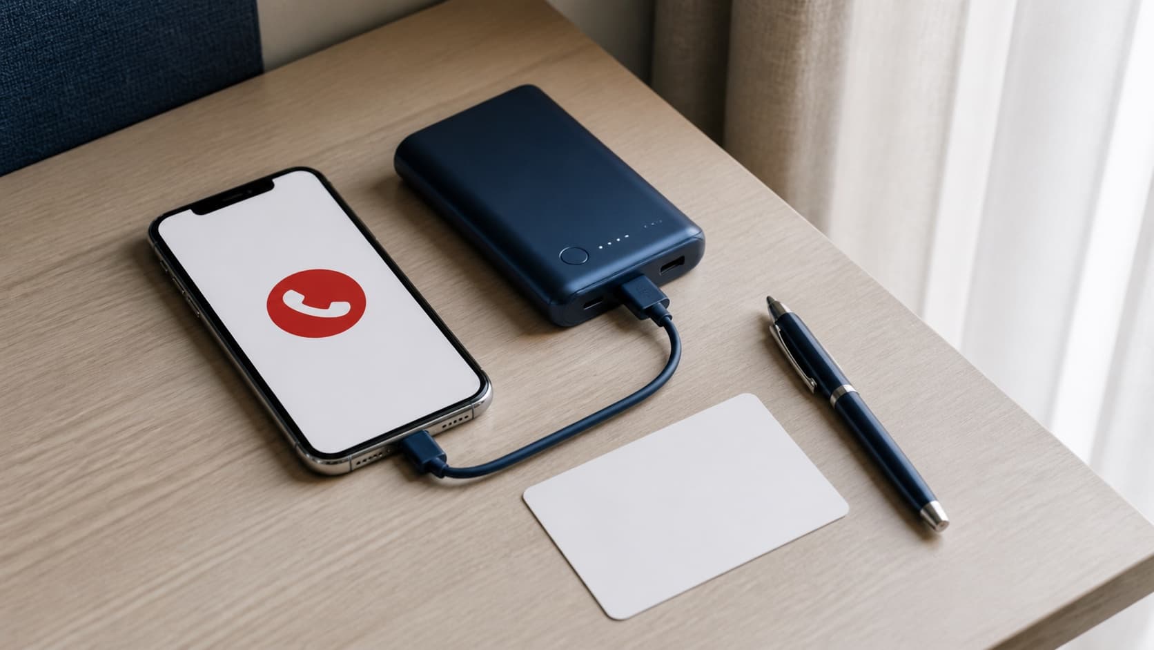 An editorial illustration of a charged phone, power bank, pen and blank location card prepared on a hotel desk