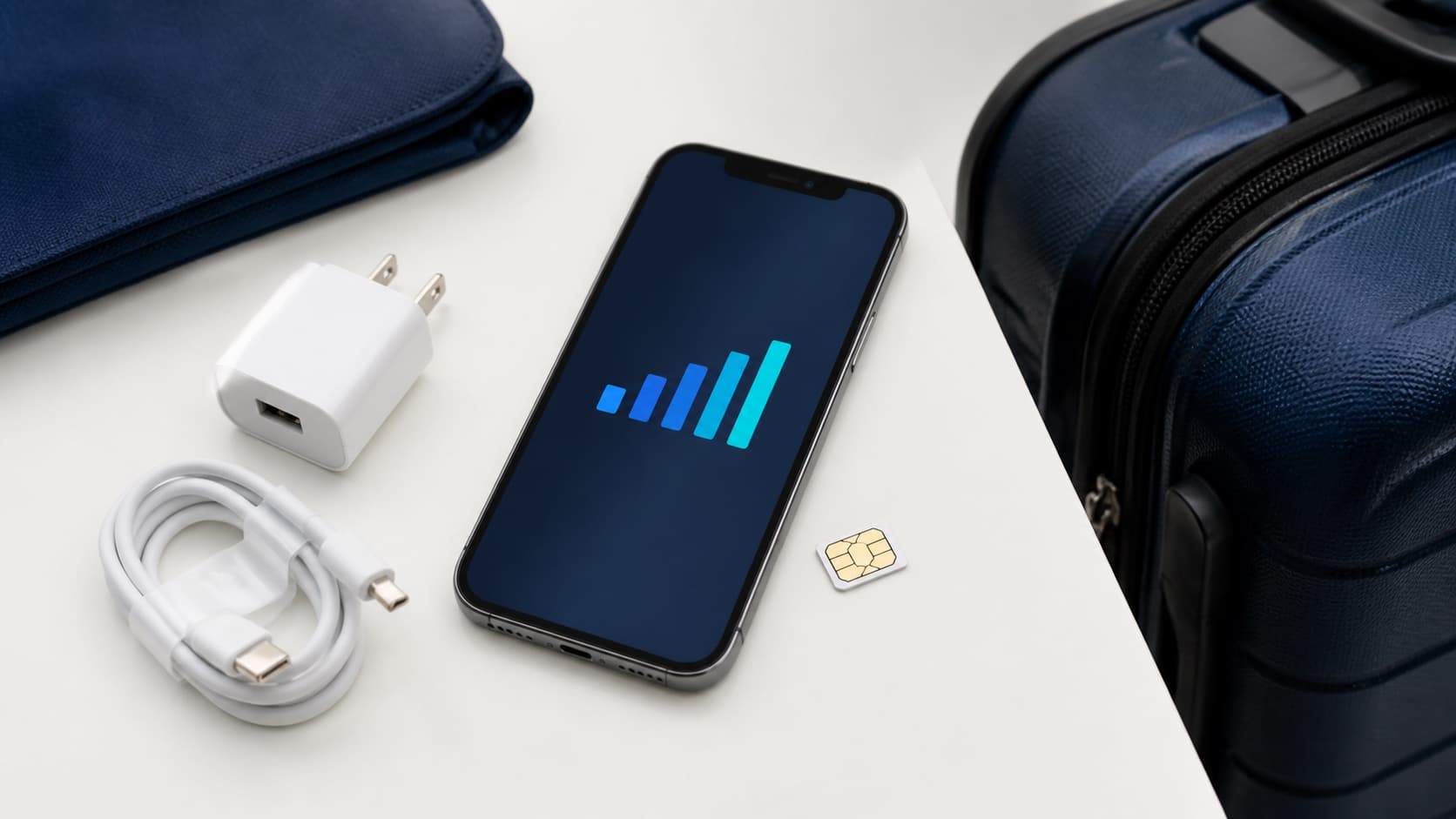 An editorial illustration of a smartphone with network signal bars beside a generic SIM chip, charger and travel bag