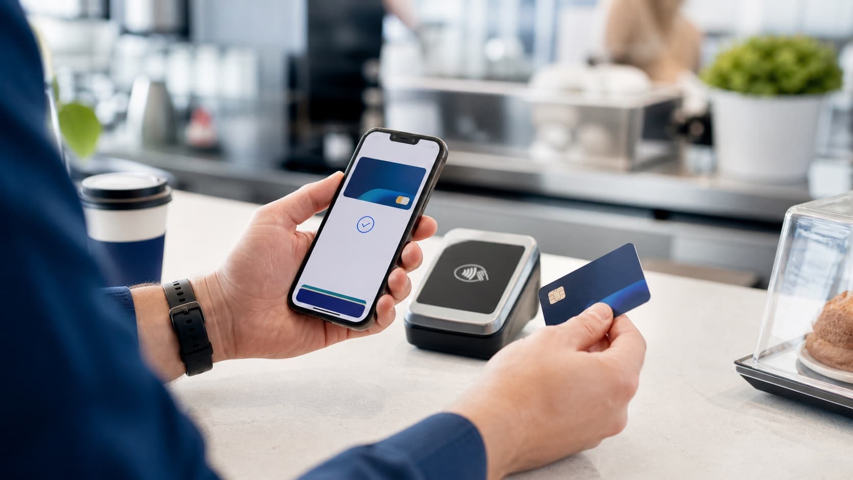 An editorial illustration of a traveler preparing a smartphone payment with a generic international bank card at a cafe counter