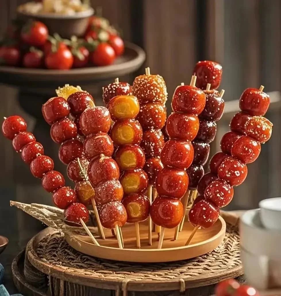 Glossy red candied hawthorn skewers on a wooden stand