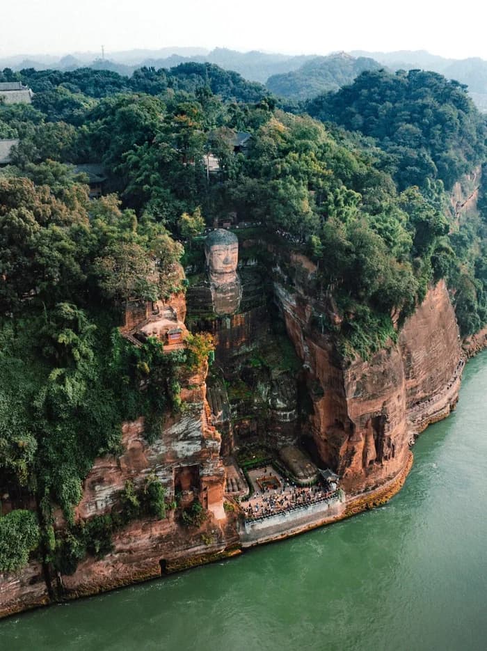 The Leshan Giant Buddha carved into a wooded cliff beside the river.