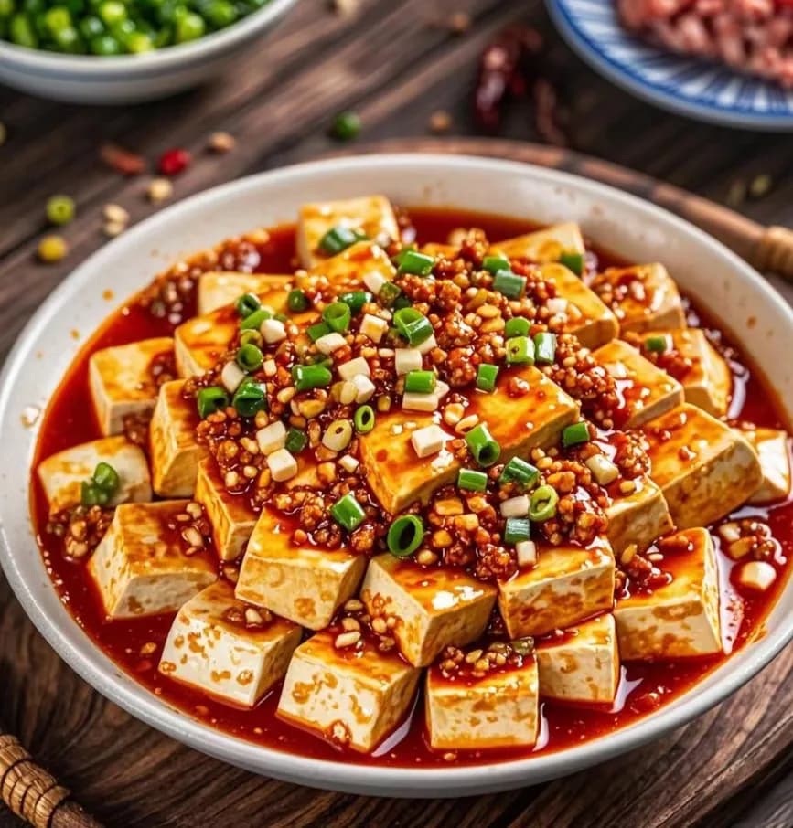 Tofu cubes in a red sauce, topped with chopped scallions and small pieces of seasoning.
