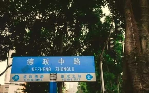 A blue Dezheng Middle Road sign beneath leafy trees.