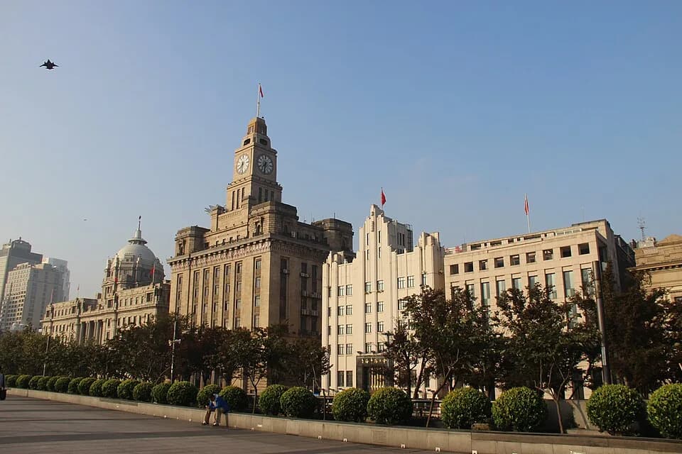 The Customs House clock tower and neighboring historic buildings on the Bund.