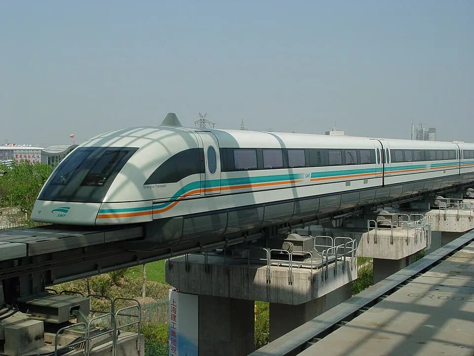 A Shanghai Maglev train on its elevated track.