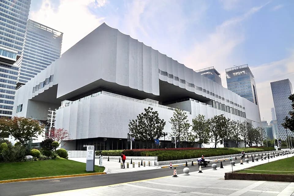 The white, angular exterior of Shanghai Museum East in Pudong.