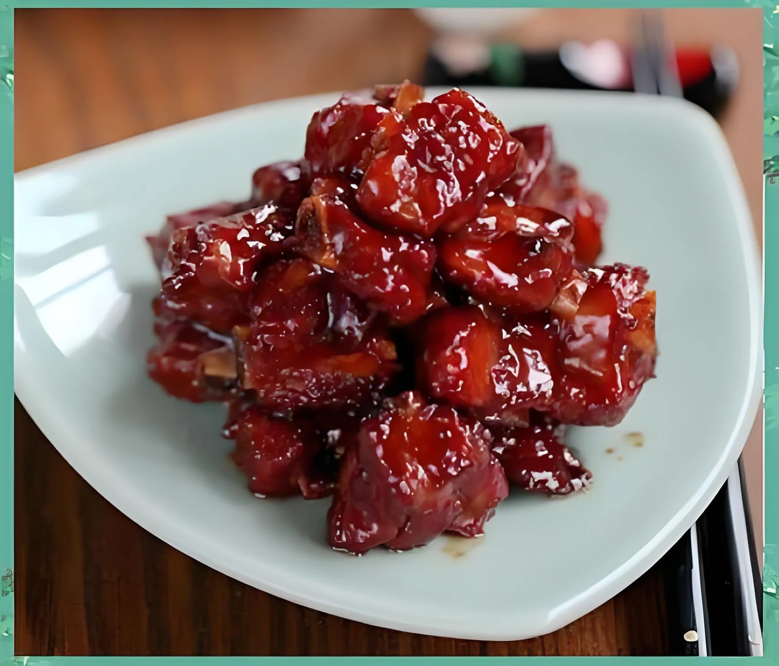 Glazed pork ribs piled on a white plate with a green border around the photograph.
