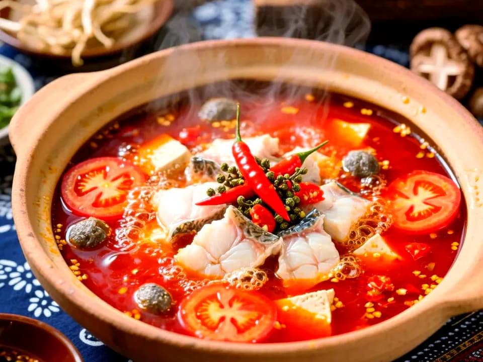 Guizhou fish pieces, tomato slices and red chilies in bright sour soup served in a clay pot