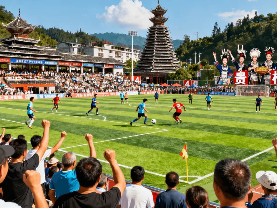 Editorial composite of a packed village football match, Dong drum towers and local cultural performers in Rongjiang