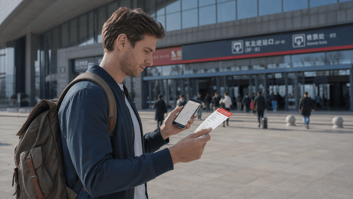 An editorial illustration of a traveler checking a bilingual destination card and route beside a railway station entrance in China