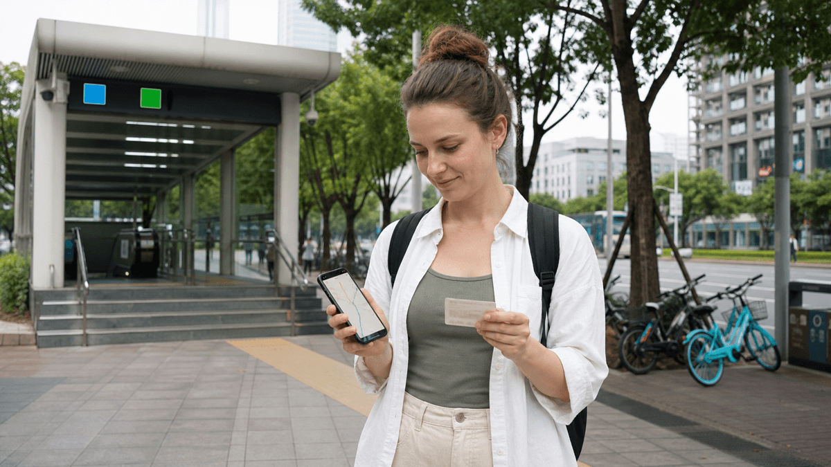 An editorial illustration of a traveler checking a Chinese hotel address and walking route on a smartphone beside a metro exit in China