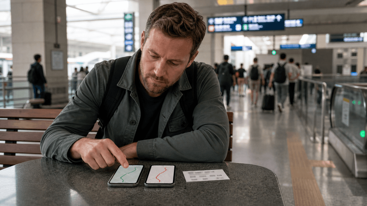 An editorial illustration of a traveler comparing two generic phone routes with a printed Chinese destination card in a Chinese transit concourse