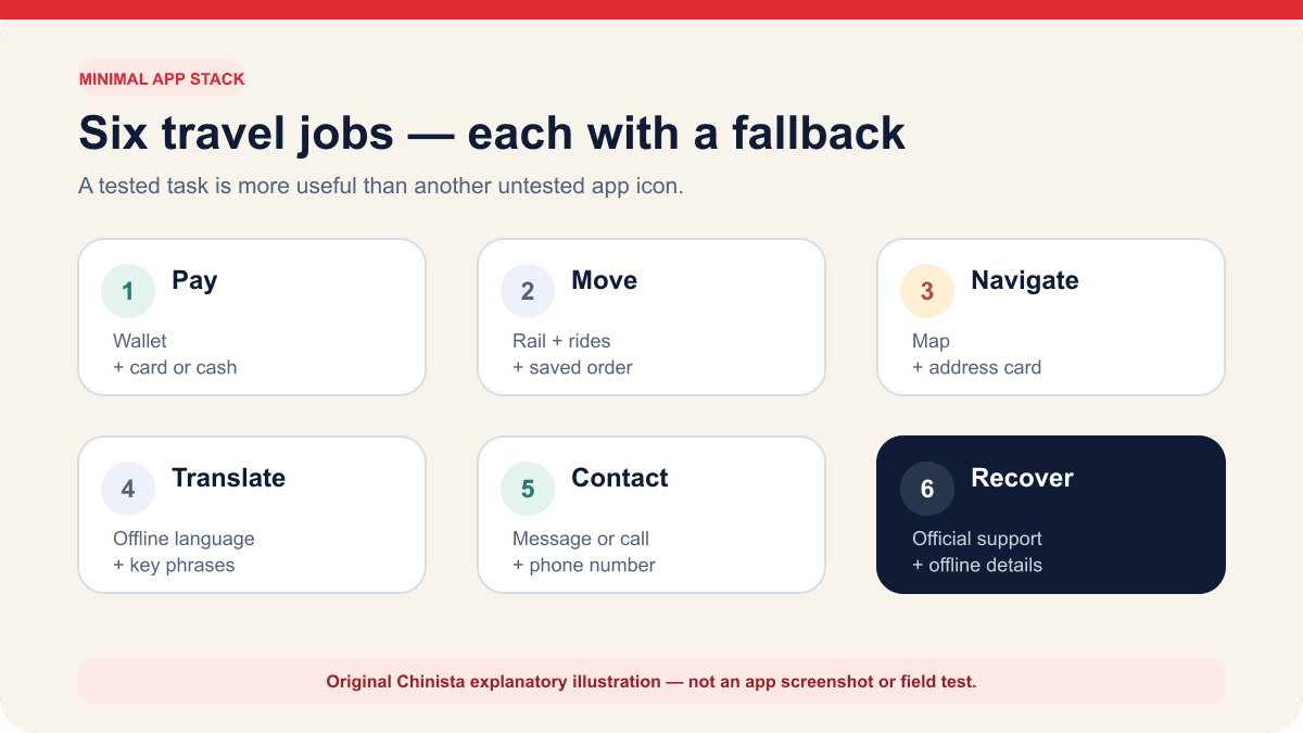 A Chinista explanatory diagram mapping six China travel tasks to a primary phone route and an independent offline fallback