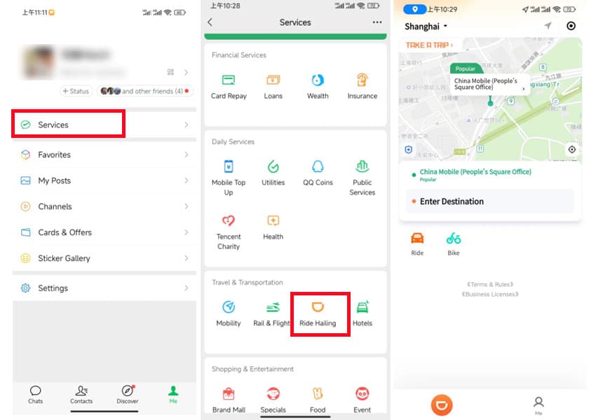 Shanghai government guide screenshot showing the WeChat Services ride-hailing entry and the Didi app as two ways to start booking a ride