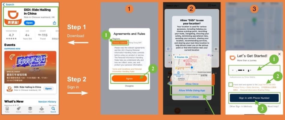 Beijing government guide screenshot showing the DiDi app sign-in and setup screen with a phone number and location entry