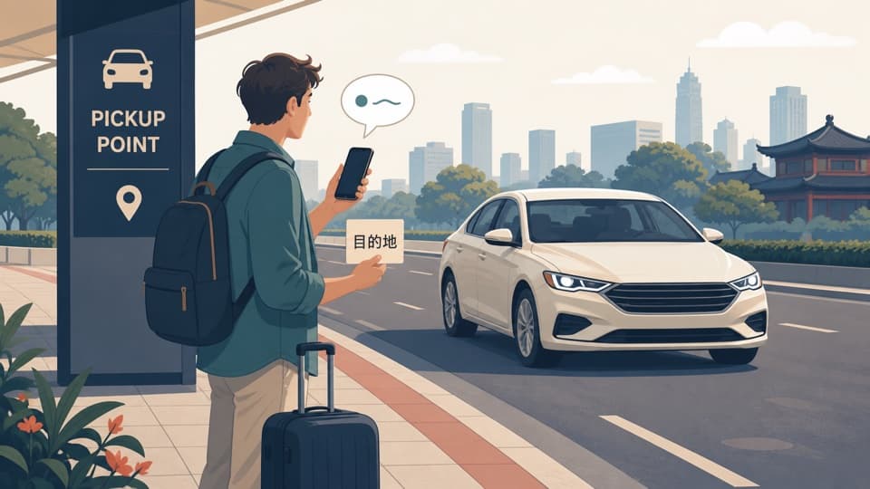 An editorial illustration of a traveler using a phone while keeping the Chinese word for destination ready for a driver