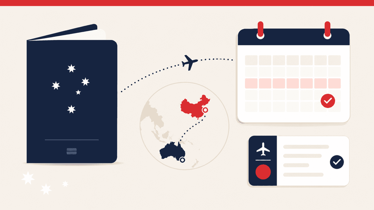 Editorial illustration of an unbranded navy travel booklet, Australia-to-China route, calendar and arrival checklist