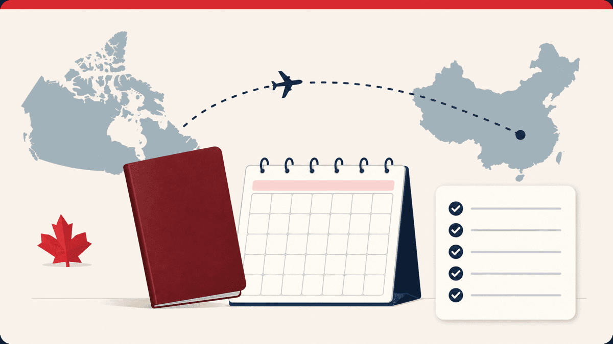 Editorial illustration of an unbranded dark red travel booklet, Canada-to-China route, calendar and checklist