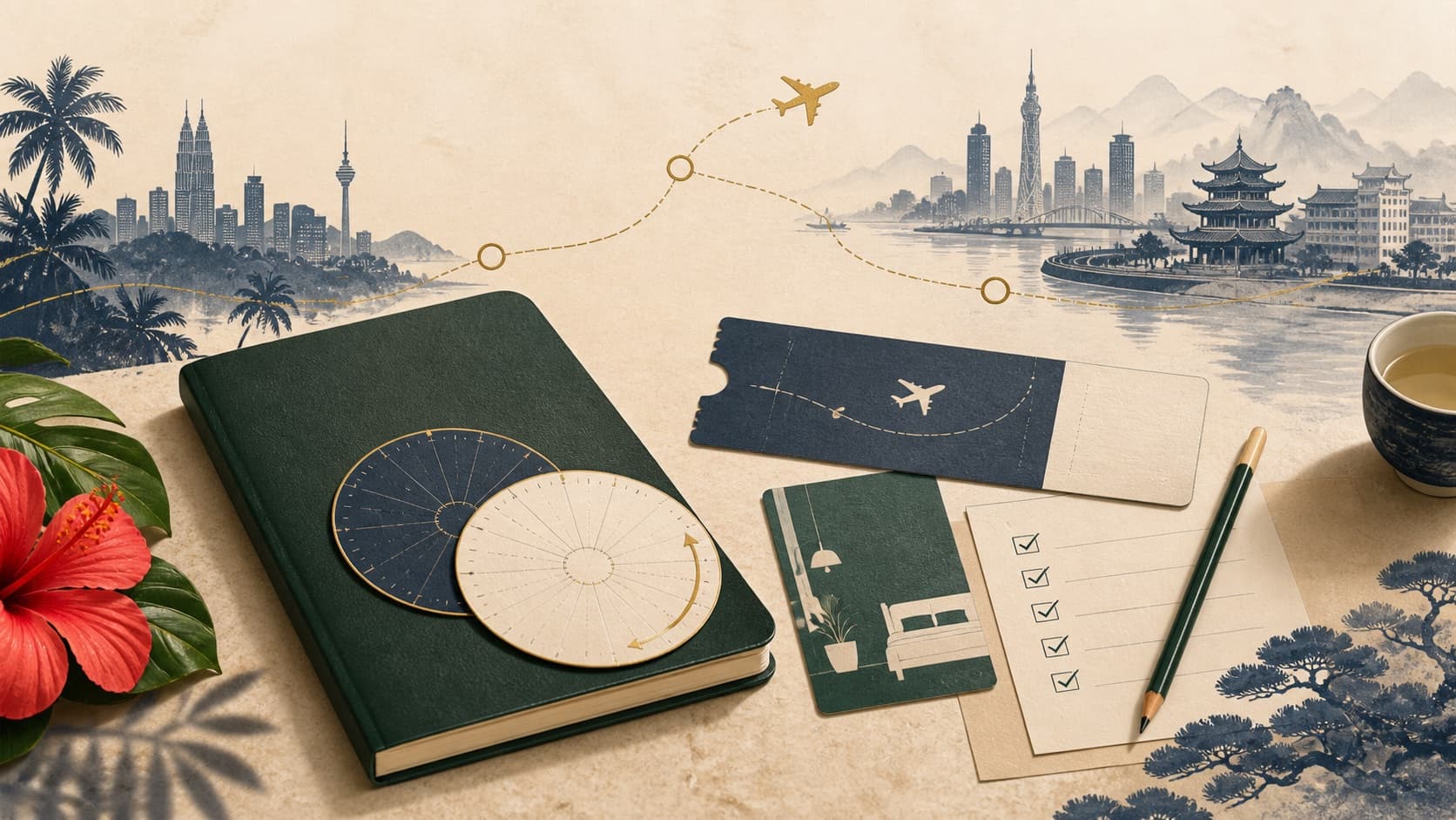 Editorial illustration of a Malaysia-to-China travel plan with an unbranded booklet, rolling-stay calendar wheels, ticket, accommodation card and checklist