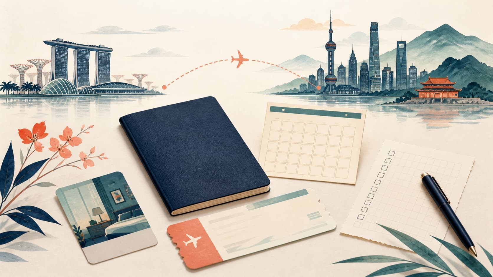 Editorial illustration of a Singapore-to-China travel plan with an unbranded booklet, calendar, ticket, accommodation card and checklist