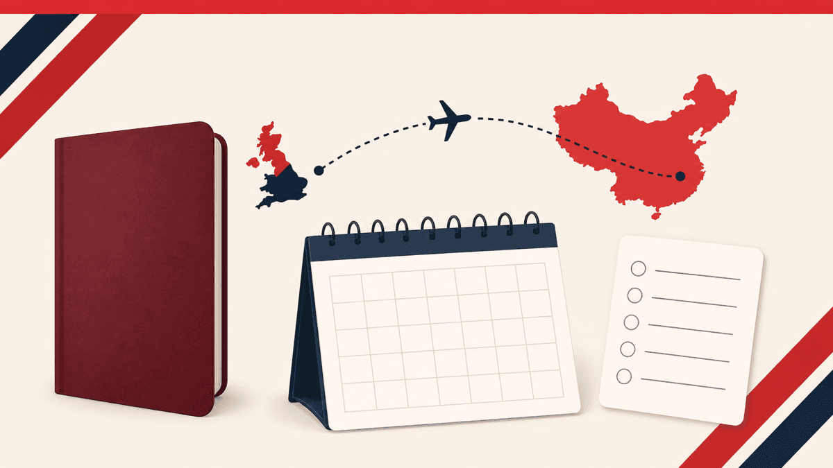 Editorial illustration of an unbranded burgundy travel booklet, UK-to-China route, calendar and checklist