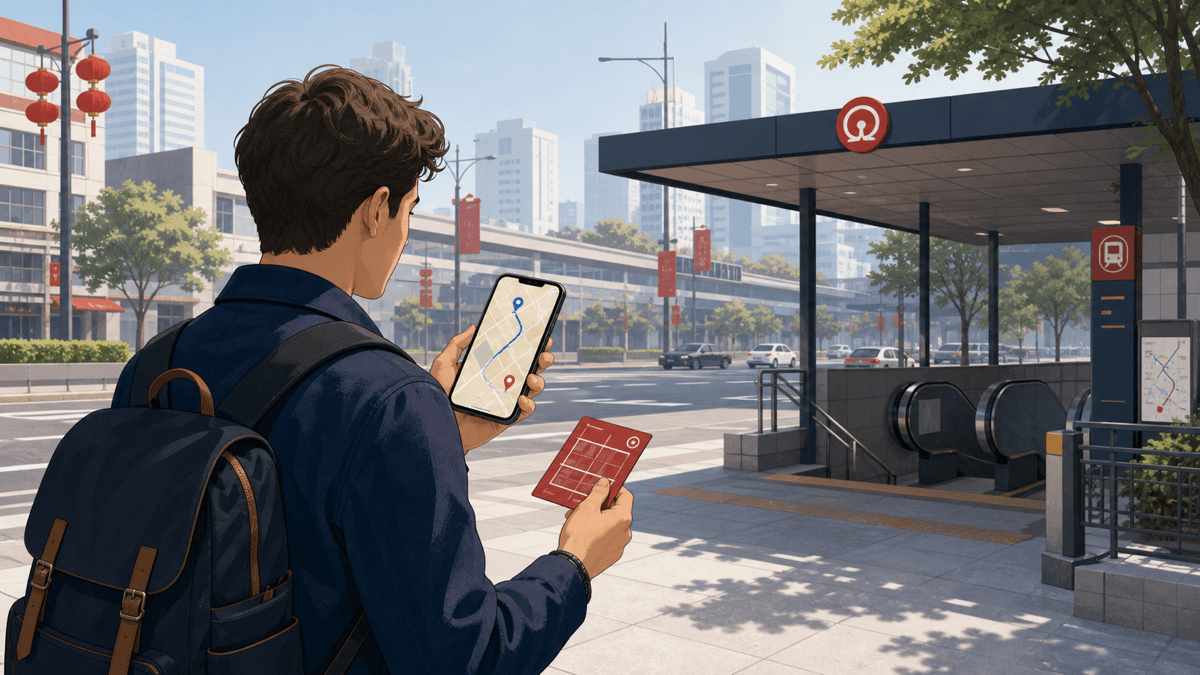 An editorial illustration of a traveler comparing a phone route with a saved address card beside a metro entrance in China