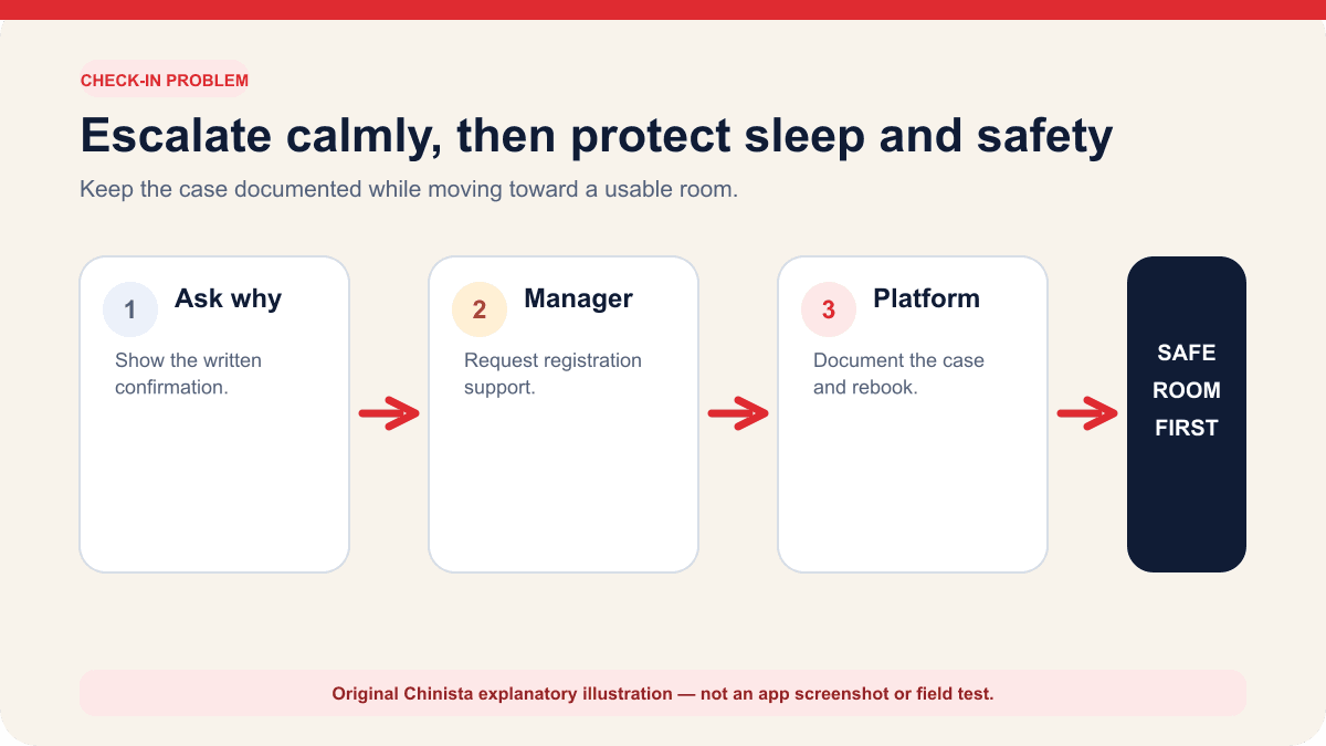 Chinista diagram showing a hotel check-in escalation path from asking the reason to manager, booking platform and a safe fallback room
