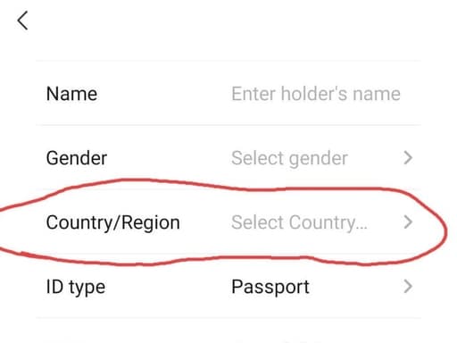 Identity form with Country or Region highlighted and Passport selected as the ID type