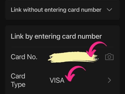 WeChat card-linking form with a masked card number and Visa shown as the detected card type